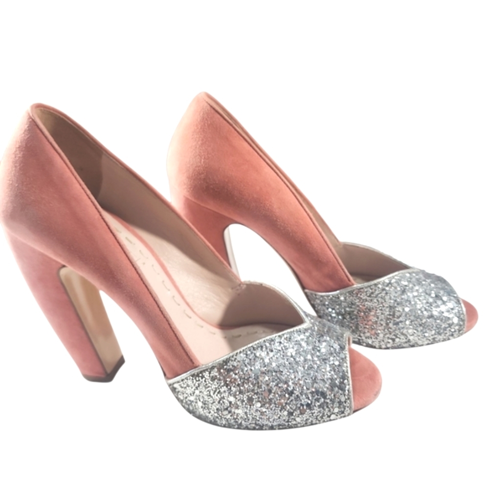 Miu Miu Silver Coral Coarse Glittery and Suede Peep Toe Pumps Heels. 37 - Picture 3 of 13